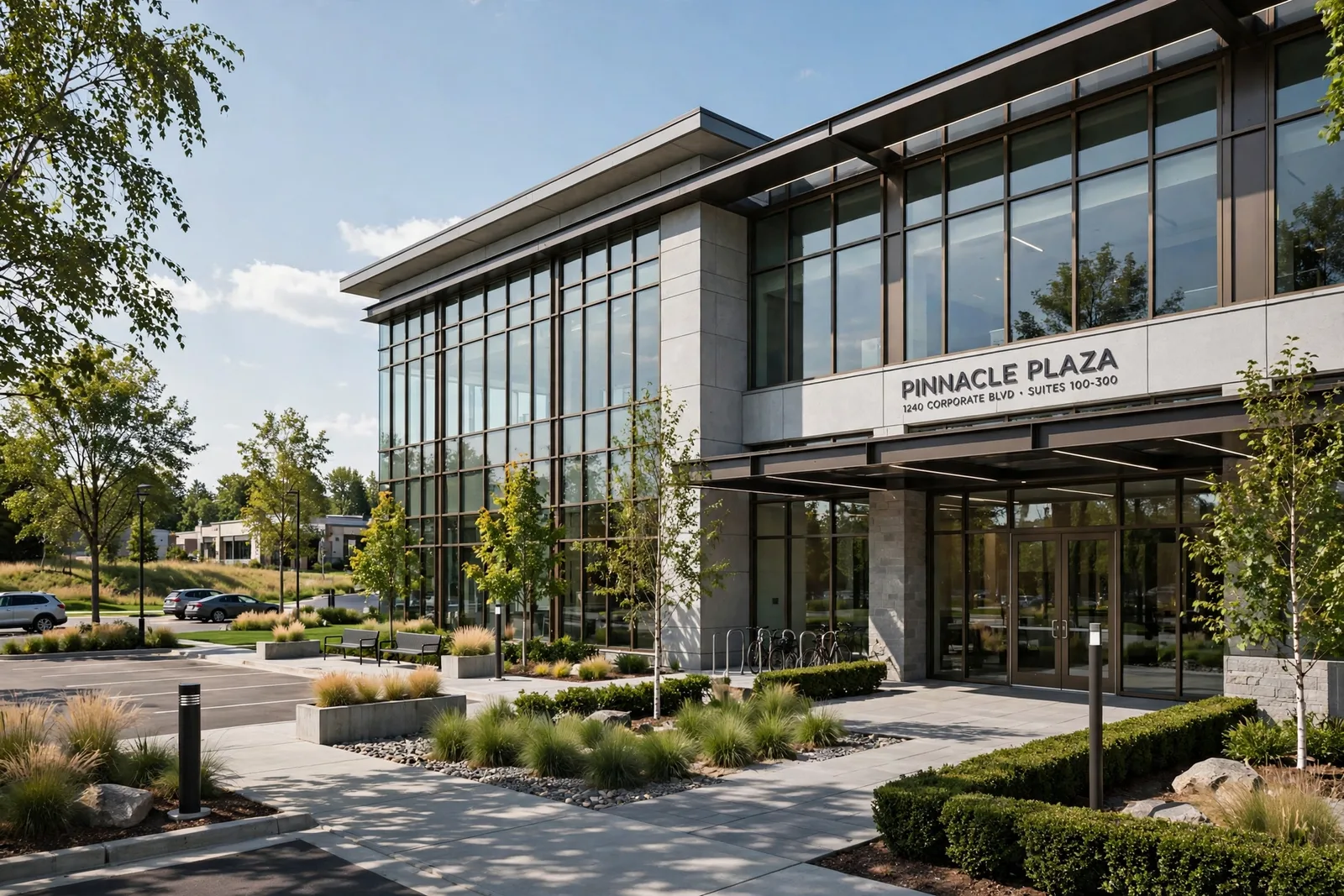 Modern suburban commercial office building with glass facade