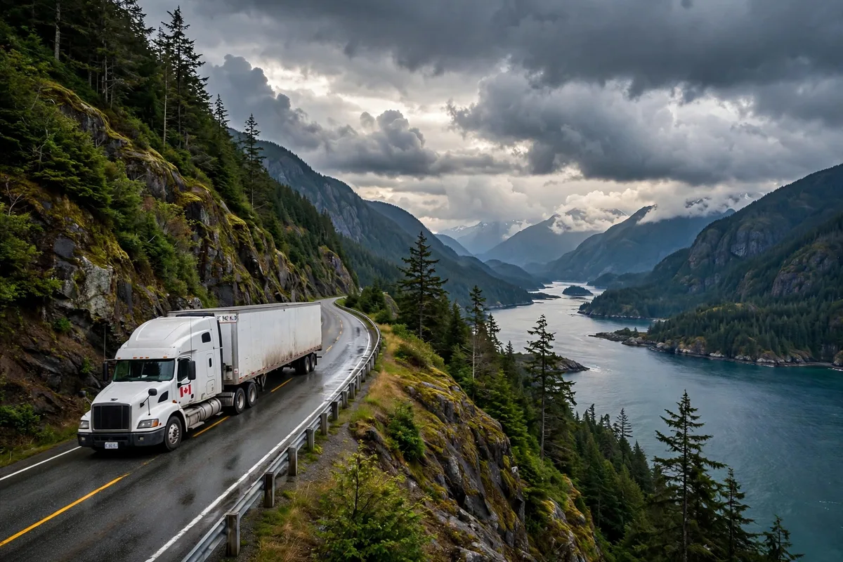 Semi truck on a coastal mountain highway in British Columbia