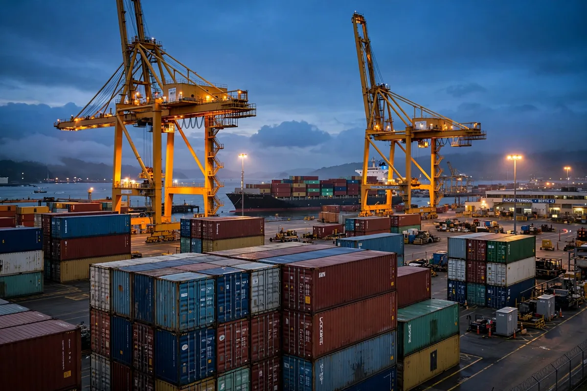 Container ship gantry cranes at a Pacific port terminal