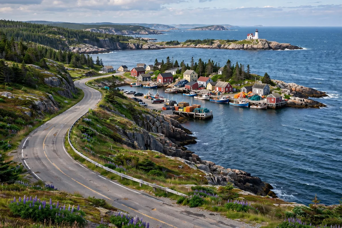 Coastal road in Nova Scotia with a fishing village