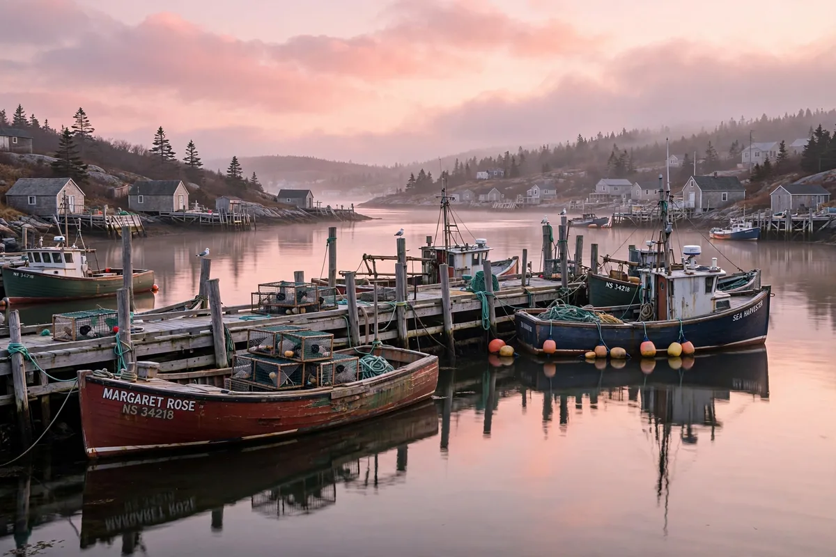 Fishing boats moored in a Nova Scotia harbour at dawn