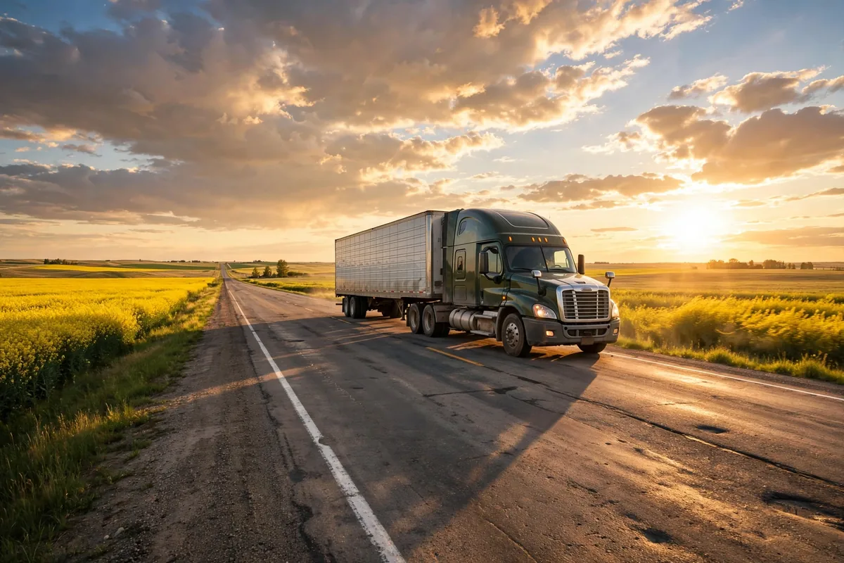Semi truck on an Alberta prairie highway at golden hour