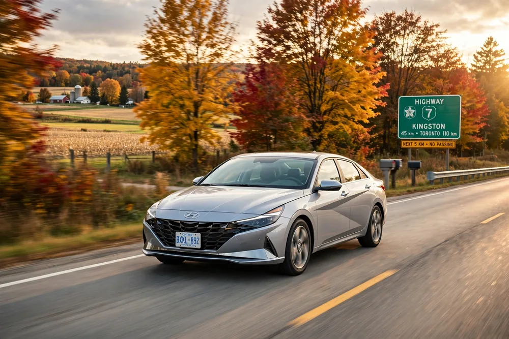 Sedan driving on an Ontario highway through autumn countryside