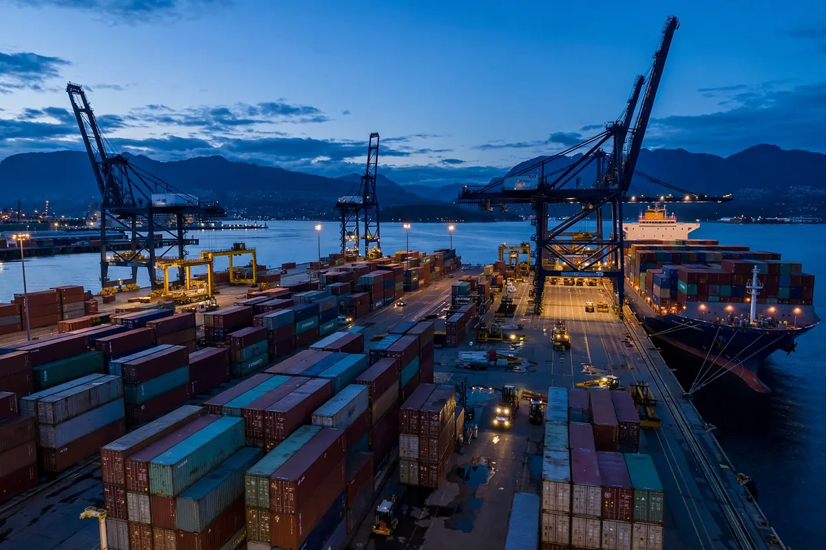 Container terminal at the Port of Vancouver at dusk