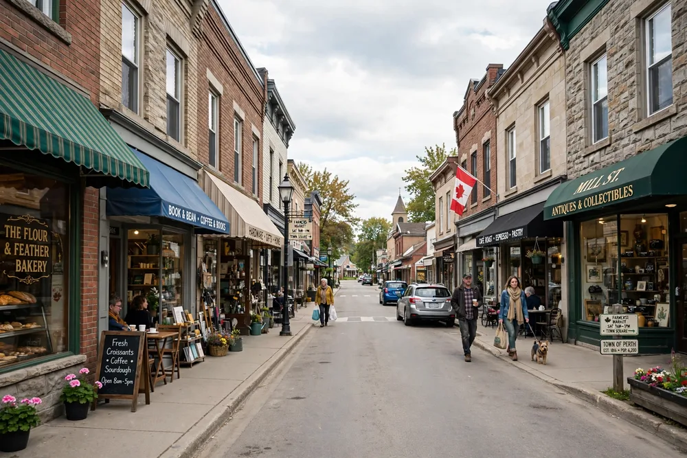 Main street with independent storefronts and cafes
