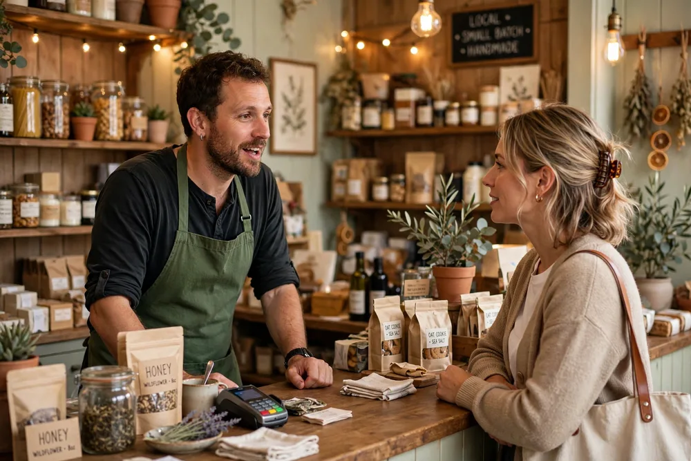 Small business owner serving a customer in their shop