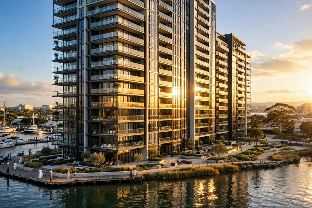 Waterfront condominium tower at golden hour