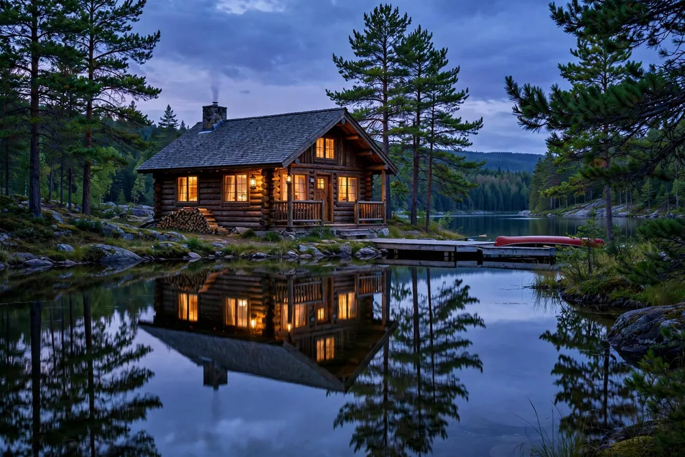 Wooden lakeside cottage at dusk with warm windows