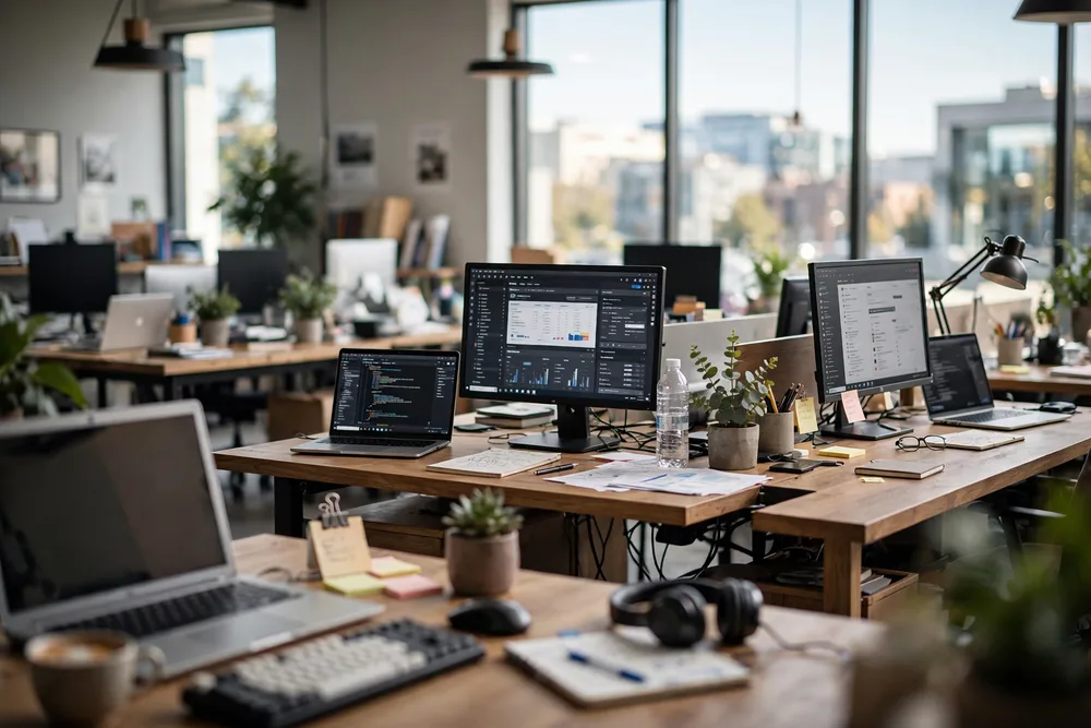 Modern small business office with workstations in daylight