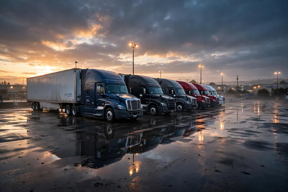 Commercial fleet yard at dawn with semi trucks ready for dispatch