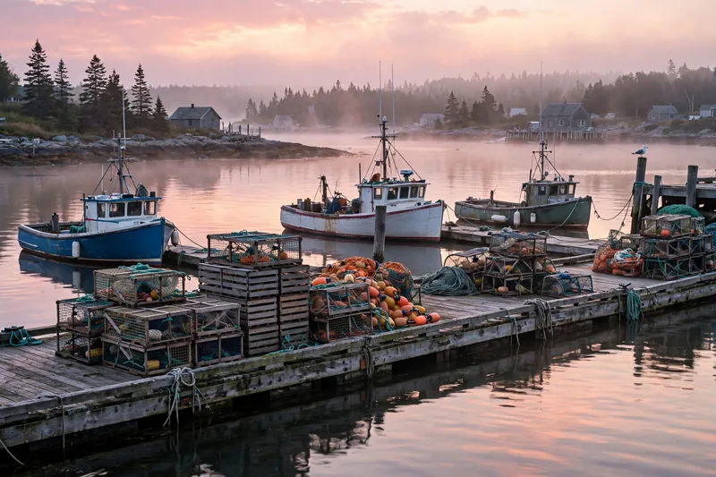 Fishing boats at a Nova Scotia harbour at dawn