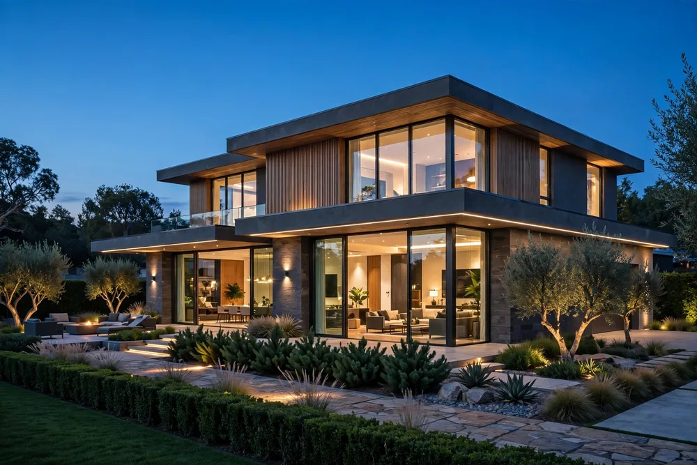 Luxury modern home exterior at dusk