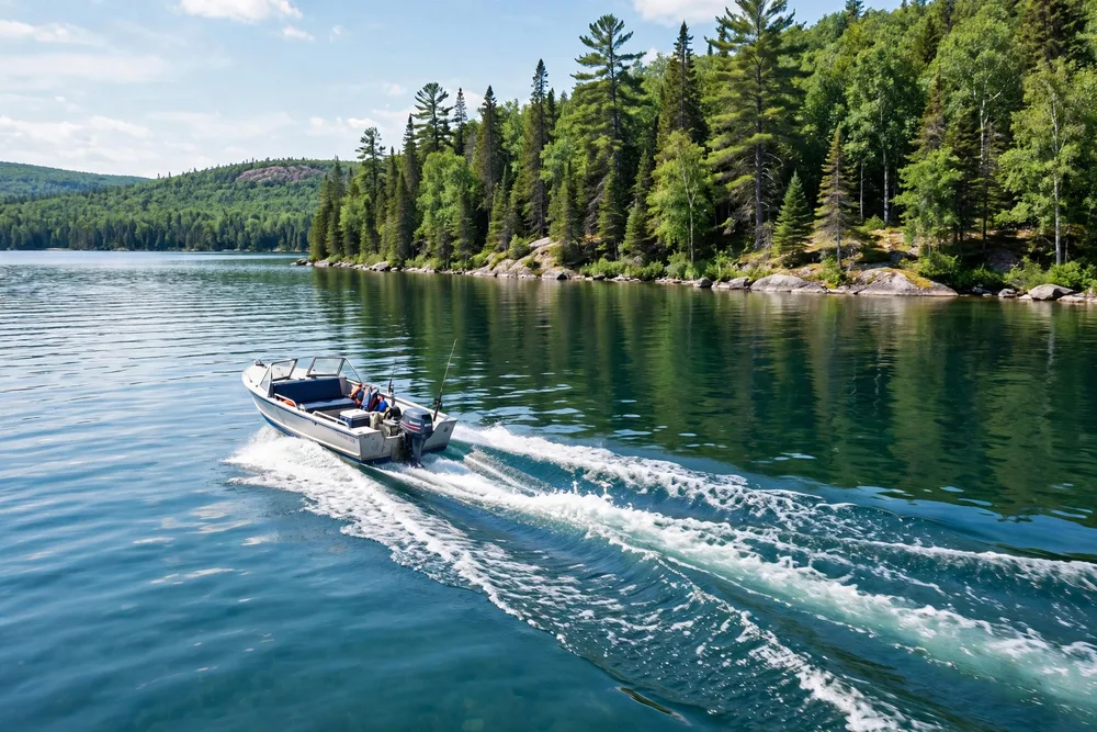 Motorboat cruising across a clear Ontario lake